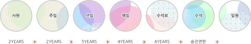 사원에서 주임은 2년차, 선임은5년차, 책임과 수석보는 9년차부터 적용이며 수석과 임원의 승진연한은 13년 입니다.